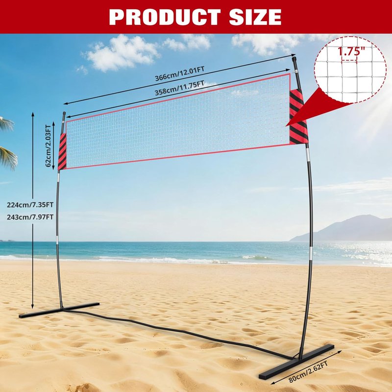 Portable Volleyball Net 12 ft with Adjustable Height & Carry Bag for Indoor Outdoor Play