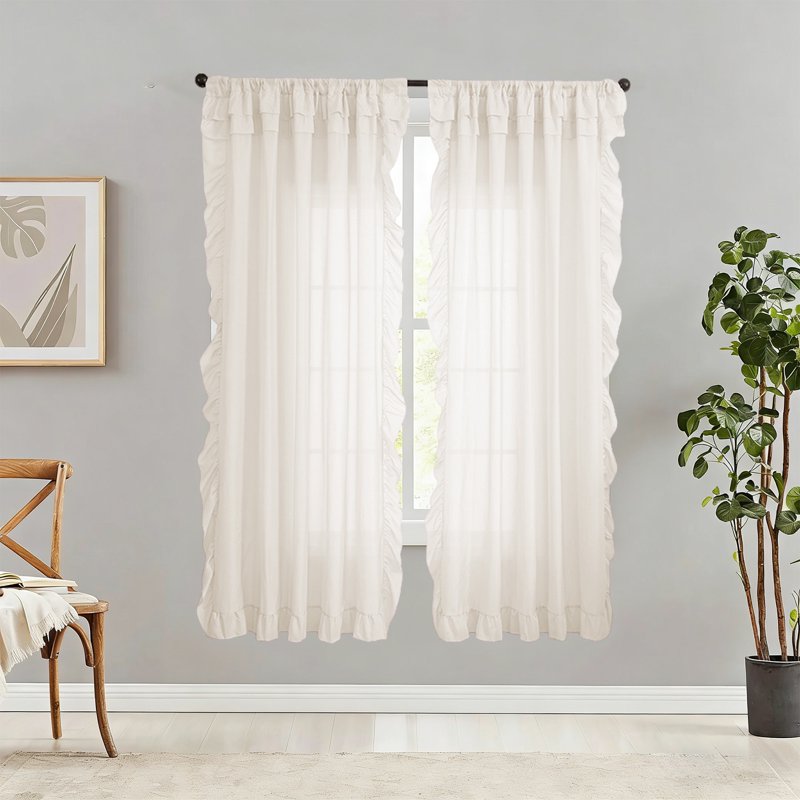 Semi-Sheer Light-Filtering Window Curtains with Ruffle Trim - 96 Inches Long