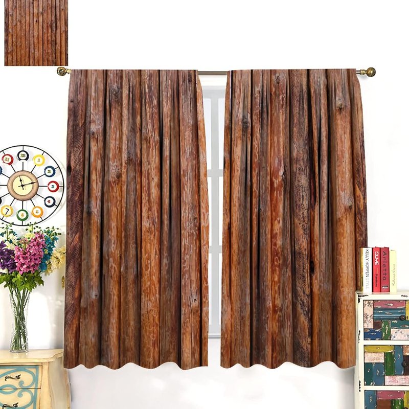 Rustic Wooden Kitchen Curtain Set - Vintage Brown Countryside Darkening Drapes