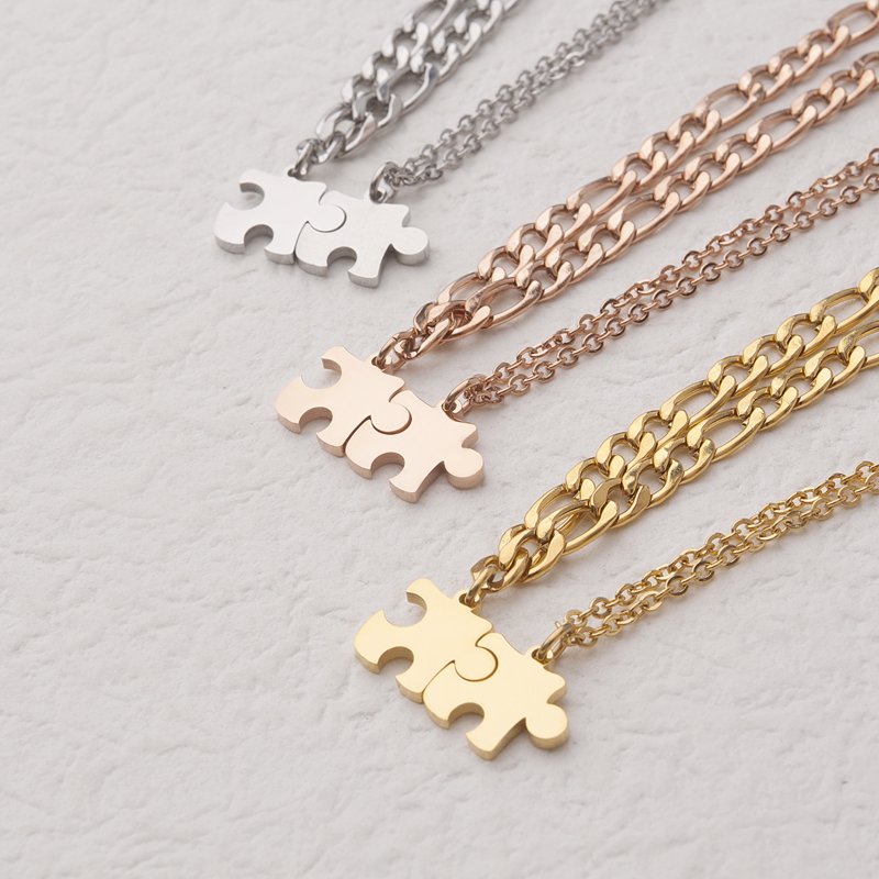 Tiny Puzzle Piece Couple Necklace Set - Anniversary Gift for Boyfriend & Best Friends - Stainless Steel Jewelry with Gift Box