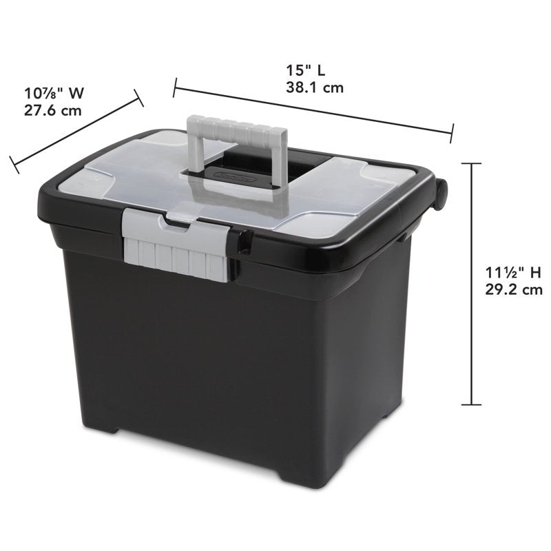 Portable File Box with Handle & Divided Lid for Letter-Sized Documents - Black