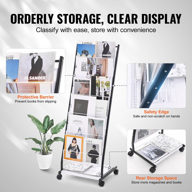 6-Tier Brochure Display Rack with Wheels - Magazine Literature Organizer