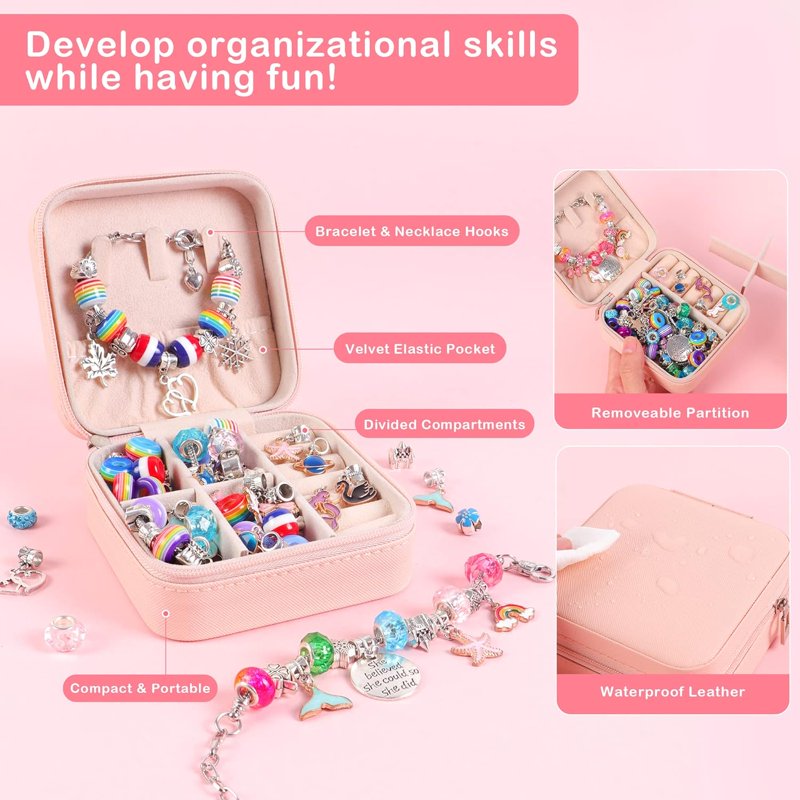 Kids Jewelry Making Kit for Girls, 68 Pcs Craft Set with Bracelets & Charms