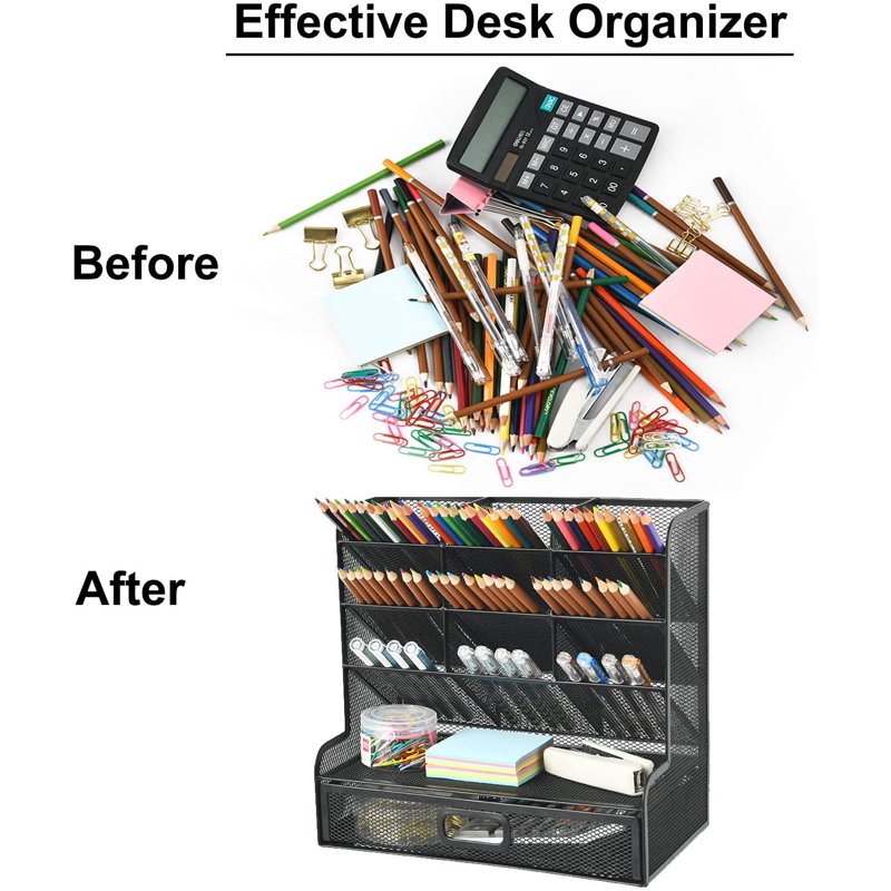 Mesh Desk Organizer with Drawer - Multi-Functional Pen Holder & Storage Rack