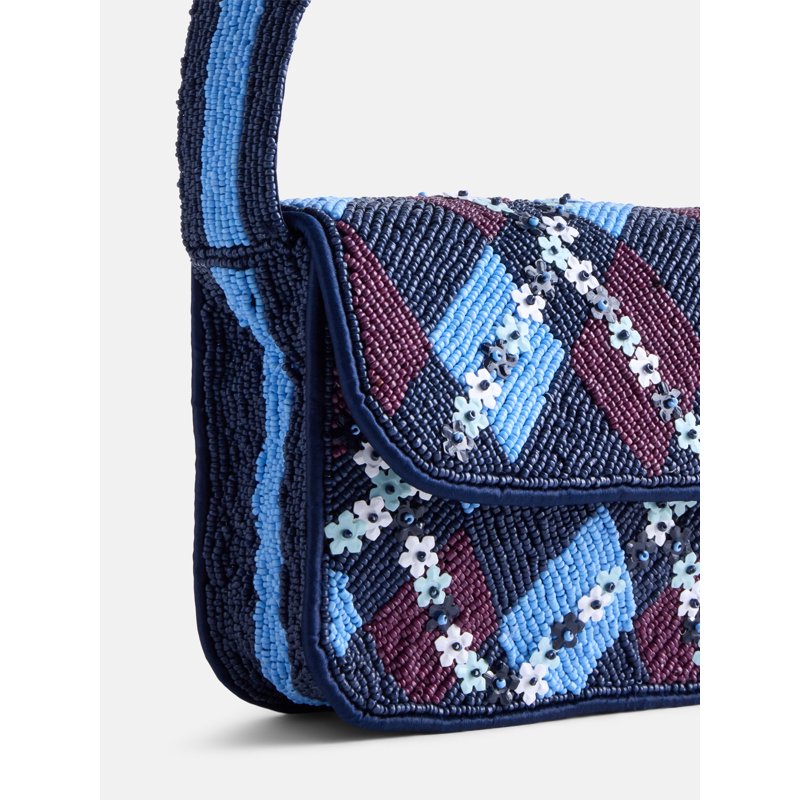 Beaded Argyle Shoulder Bag for Women - Preppy Style, Whimsical Flower Accents