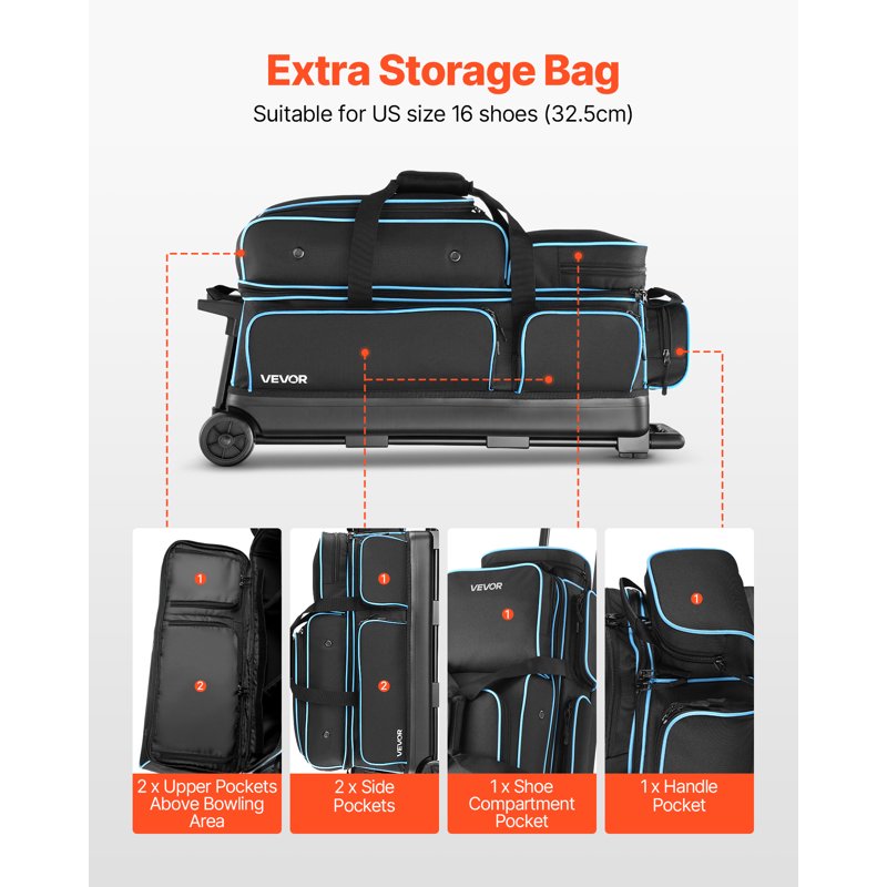 3 Ball Bowling Bag with Wheels - Double Roller for Shoes & Accessories