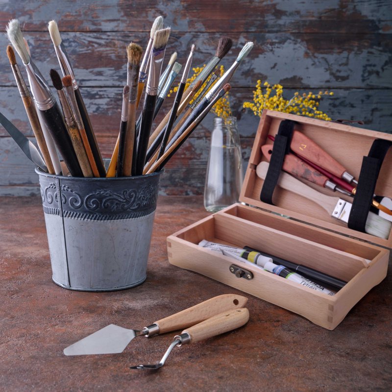 Art Supply Wooden Tool and Brush Storage Box with Locking Clasps - Portable Organizer for Pencils and Supplies