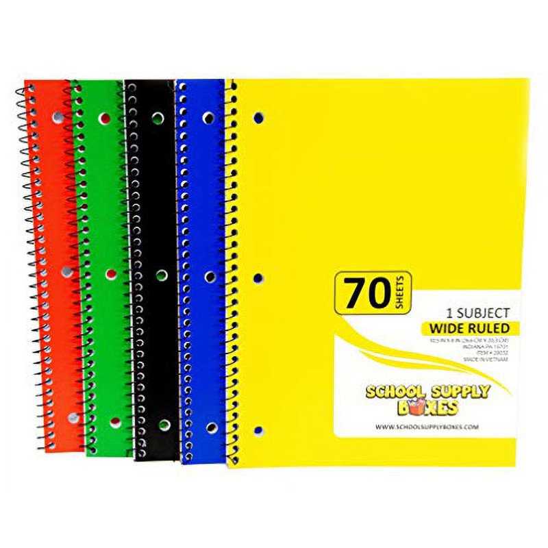 School Supply Spiral Notebook Set - 5 Pack Wide Ruled Assorted Colors