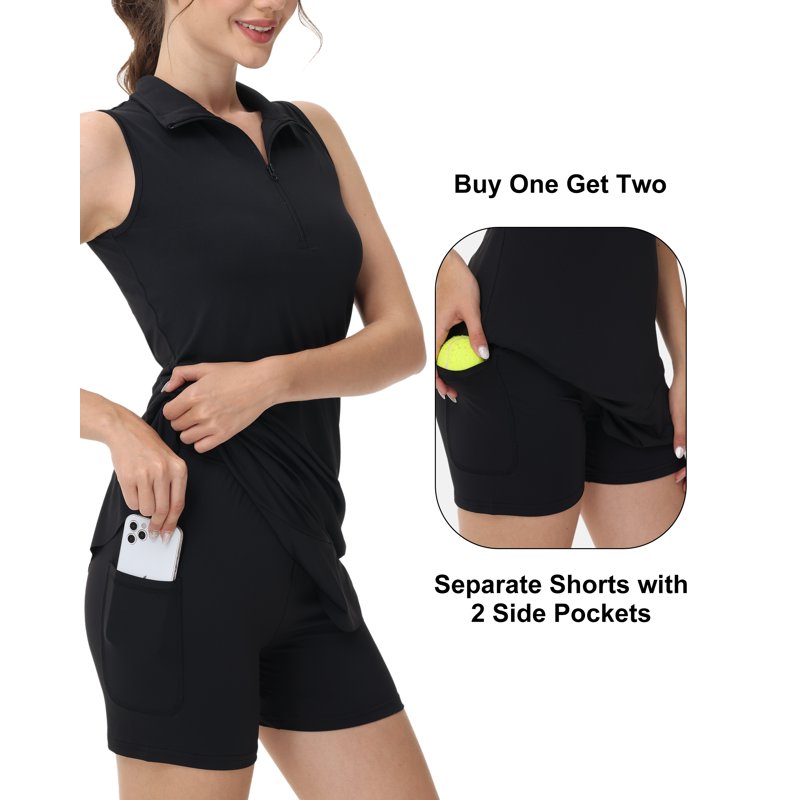 Women's Sleeveless Tennis Dress with Shorts & Pockets - Athletic Golf & Sportswear