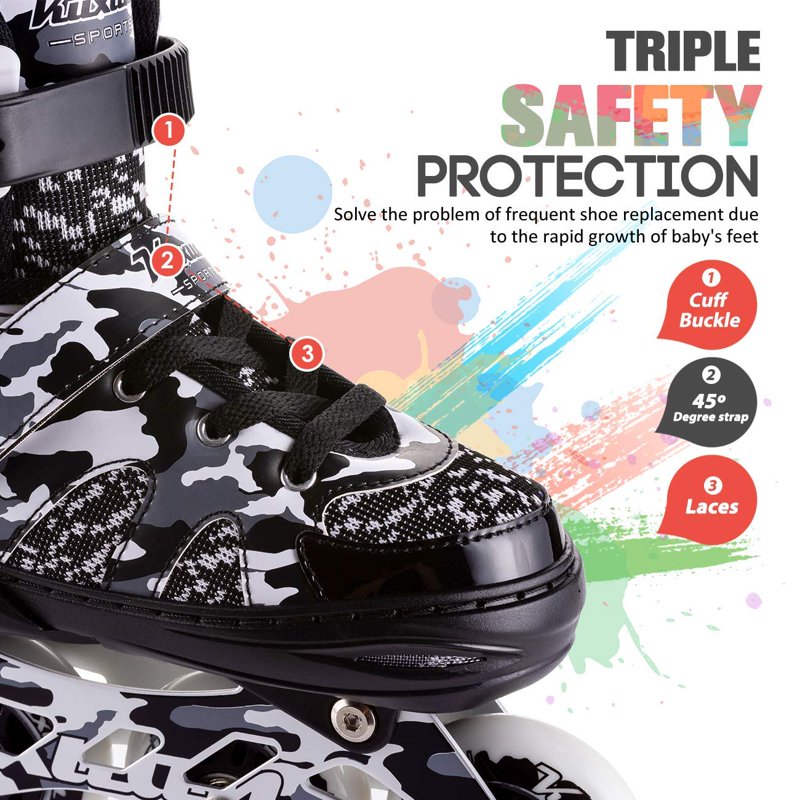 Kids & Youth Adjustable Light Up Inline Skates with Camo Design, Outdoor Roller Blades for Beginners