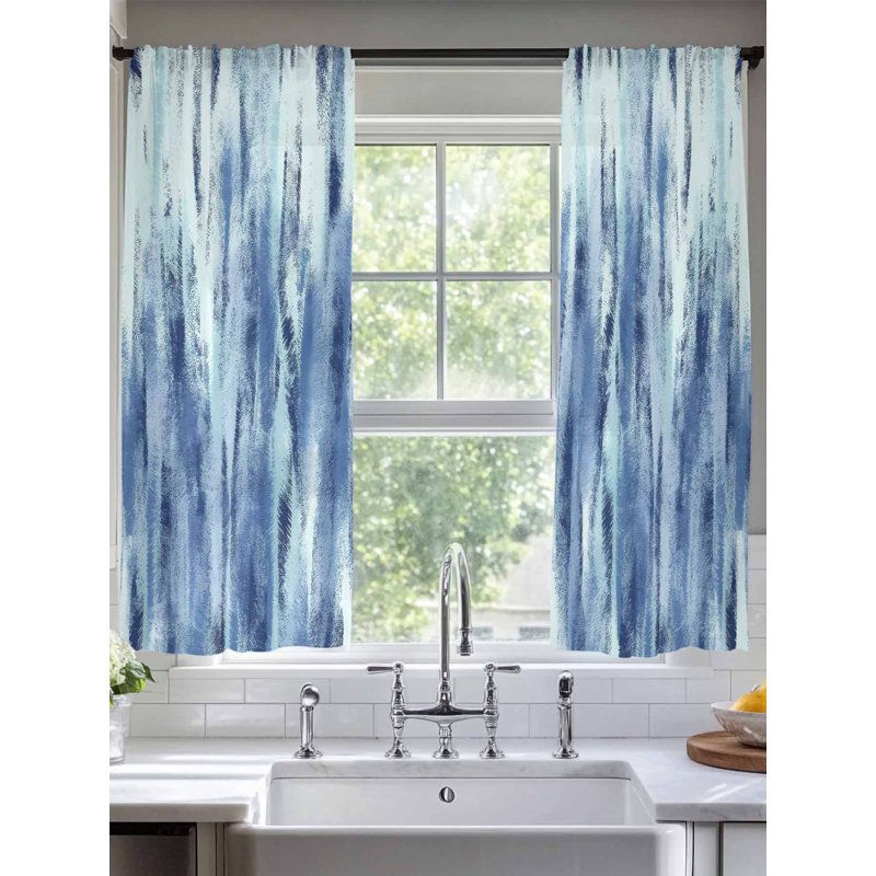 Navy Blue Sheer Curtains Set 52x63 Inches - Retro Stripes Voile Window Drapes