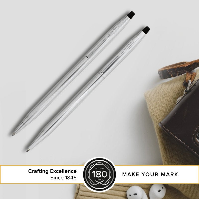 Refillable Ballpoint Pen and 0.7mm Pencil Set - Chrome Finish, Gift Box Included