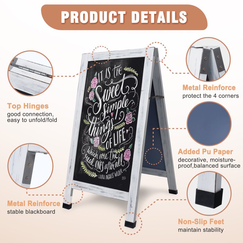 Large Magnetic A-Frame Chalkboard Sign 40x20 Inches Double Sided White Wooden Frame