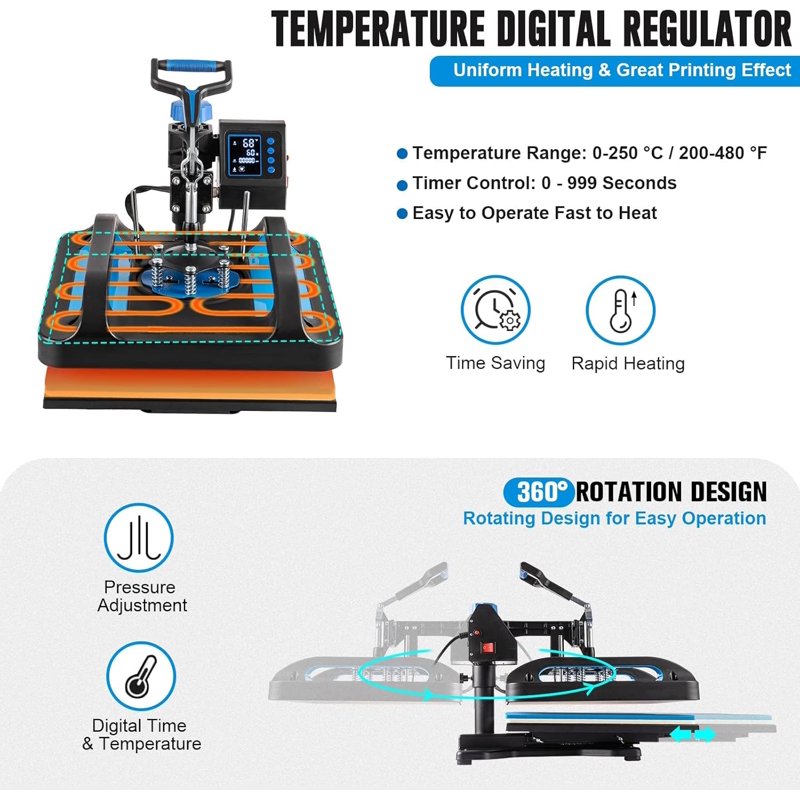 8-in-1 Heat Press Machine 12x10 Inch for T-Shirts Mugs Hats Plates DIY Transfer