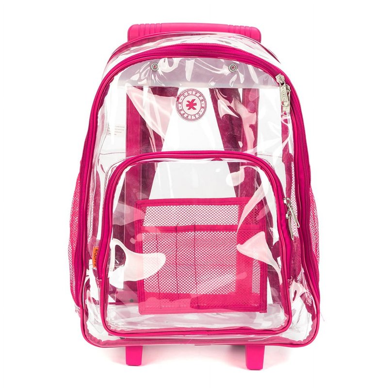Clear PVC Rolling Backpack with Hot Pink Trim - Unisex Tween-Adult School Bag