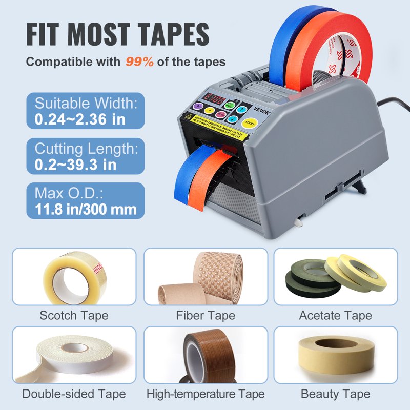 Electric Tape Dispenser Automatic & Manual Dual Mode, 6 Preset Lengths, Cuts Two Tapes Up to 60mm Wide