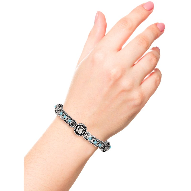 Women's Faux Turquoise Stone Bracelet - Silver Tone Adjustable Cuff