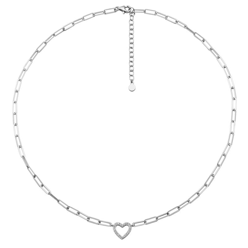 Sterling Silver Cubic Zirconia Heart Paperclip Necklace 18 Inches, Gift-Ready