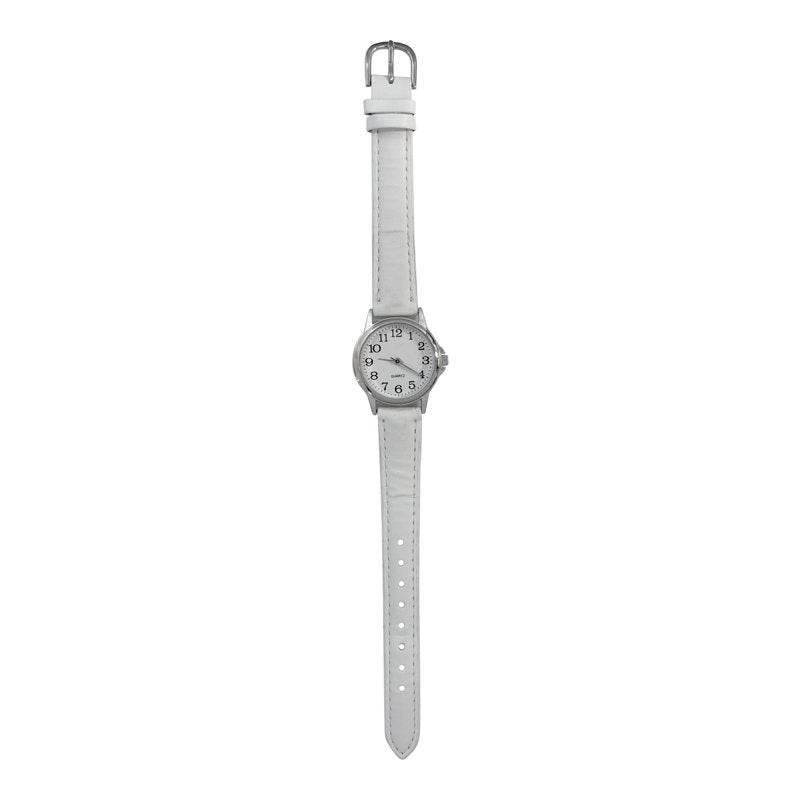 Adult Female Analog Watch with White PU Leather Strap and Silver Case
