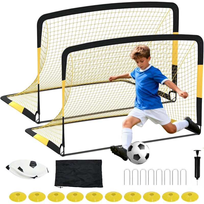 6x4 ft Portable Soccer Goals Set for Kids – Foldable Backyard Practice Goal (Set of 2, Yellow/Black)