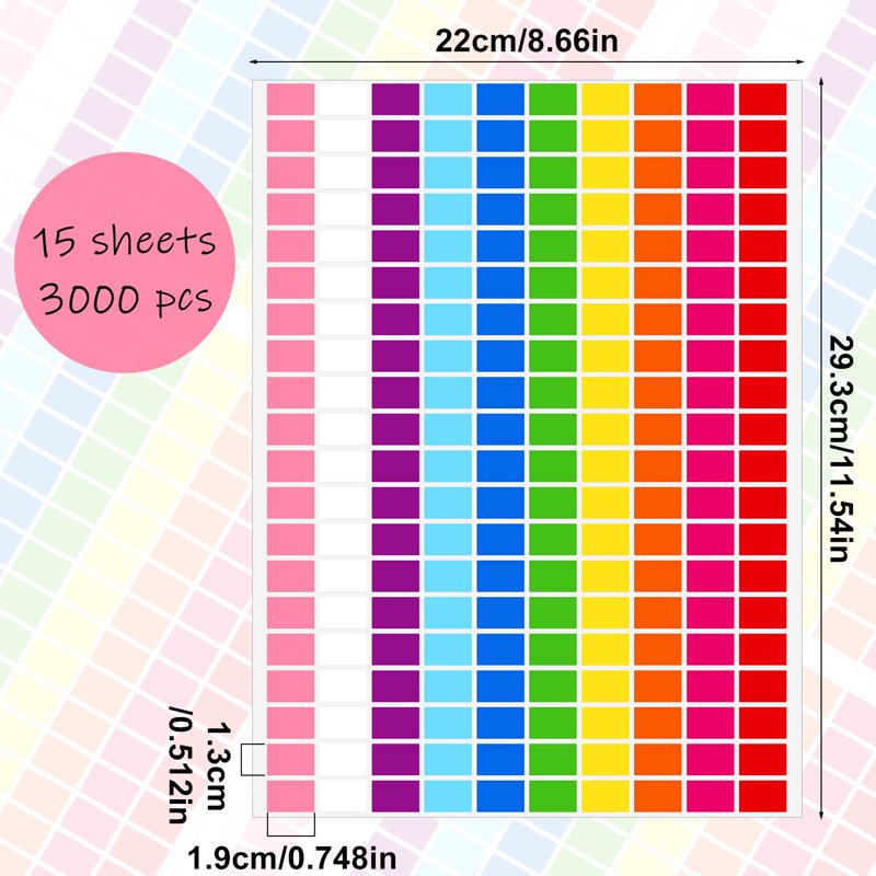 Rainbow Coloured Stickers Labels Set - 3000 Self-Adhesive Rectangular Labels for Organizing & Labeling