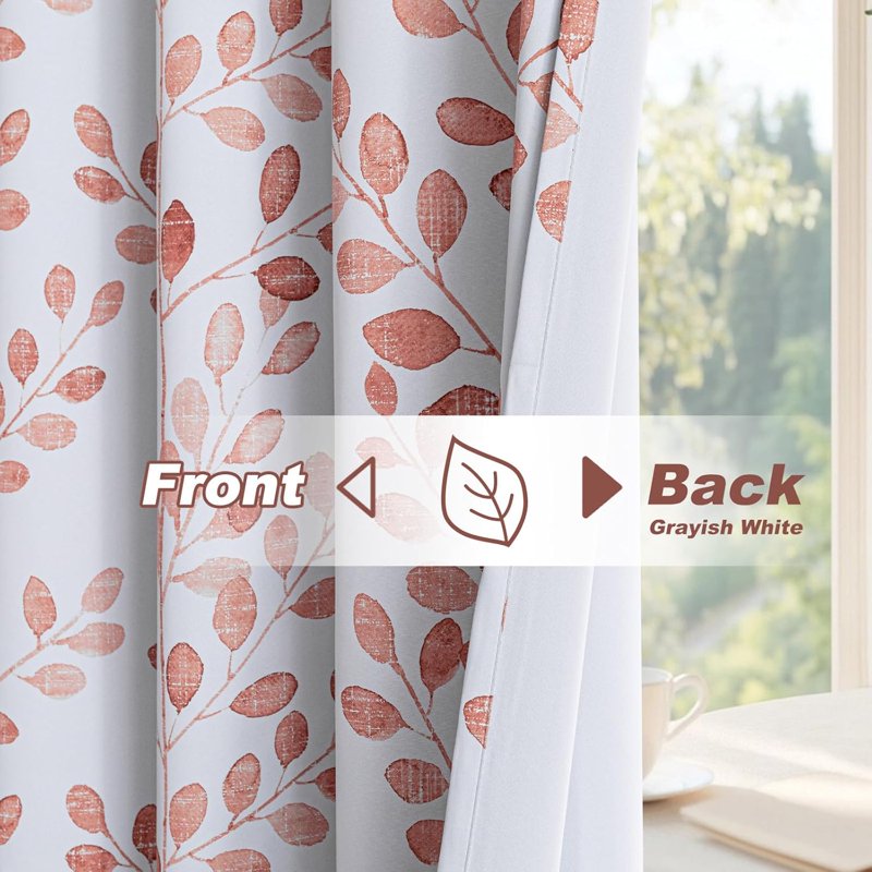 Thermal Insulated Room Darkening Leaf Curtains - 2 Pieces, 63 Inches Long