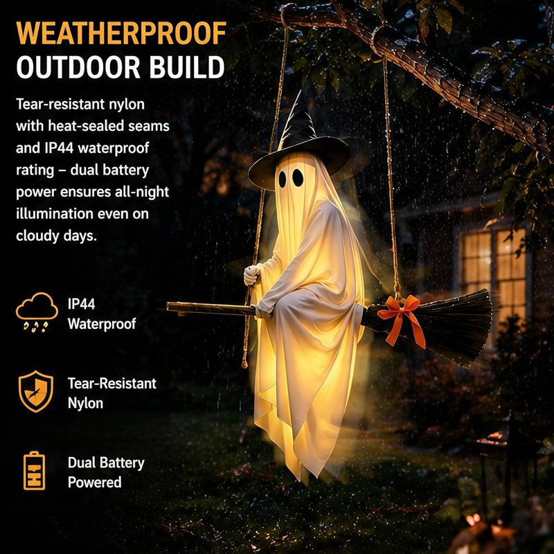 Halloween Light-Up Ghost Decorations Outdoor - 6 FT Spooky Hanging Ghost with Broomstick & Witch Hat