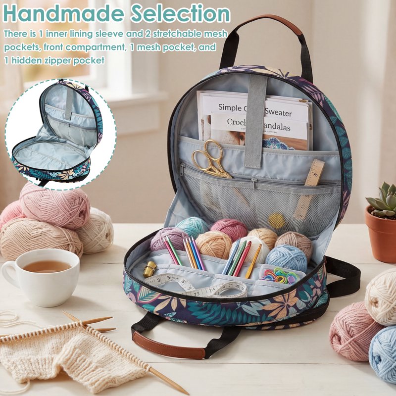Embroidery Project Bag with Multiple Pockets and Round Hoop Storage - Carrying Tote for Floss and Thread