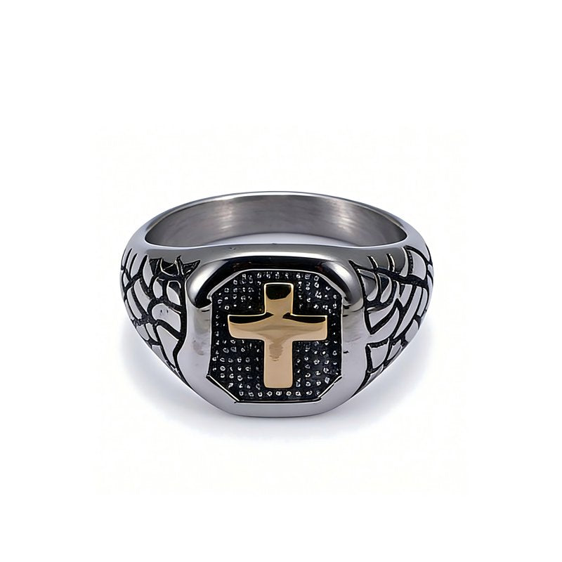 Men's Two Tone Textured Cross Signet Ring Stainless Steel Religious Jewelry