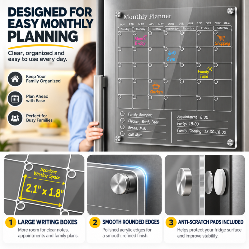 Magnetic Acrylic Calendar for Refrigerator - Family Organizer & Dry Erase Board