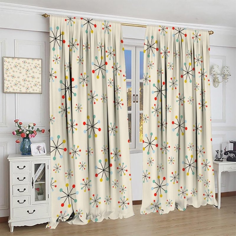 Mid Century Curtains - Repeating Atomic Space Age Design Thermal Insulated Window Drapes - 2 Panel Sets