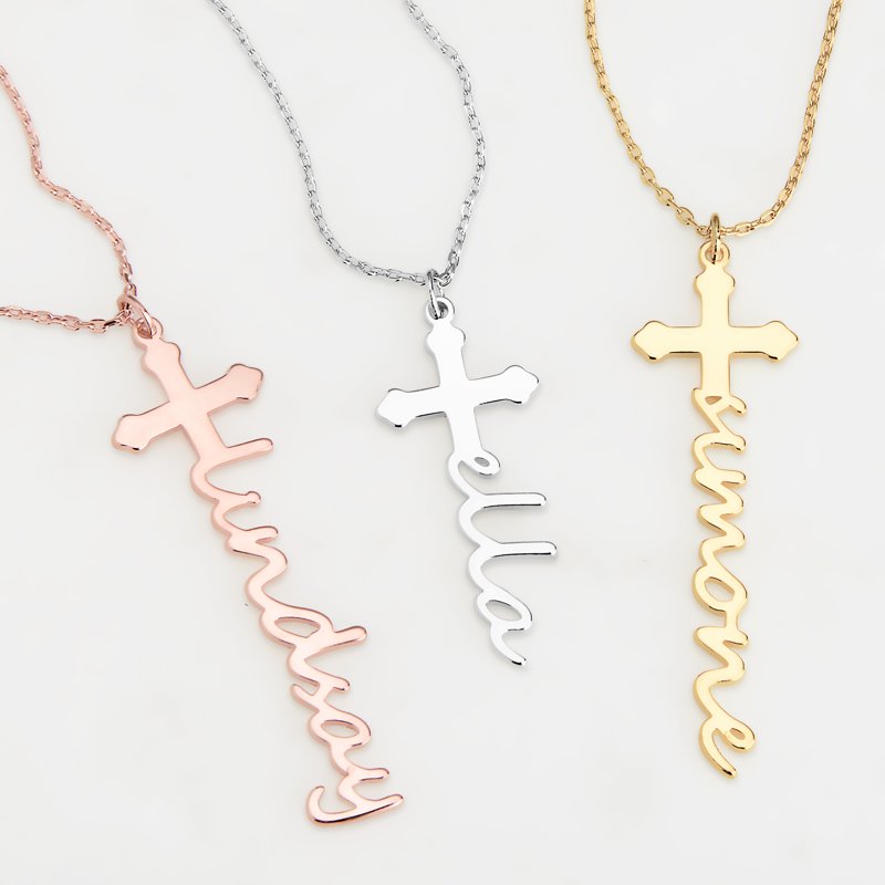 Personalized Cross Necklace with Name Sterling Silver & Gold Options – Custom Script Pendant for Women