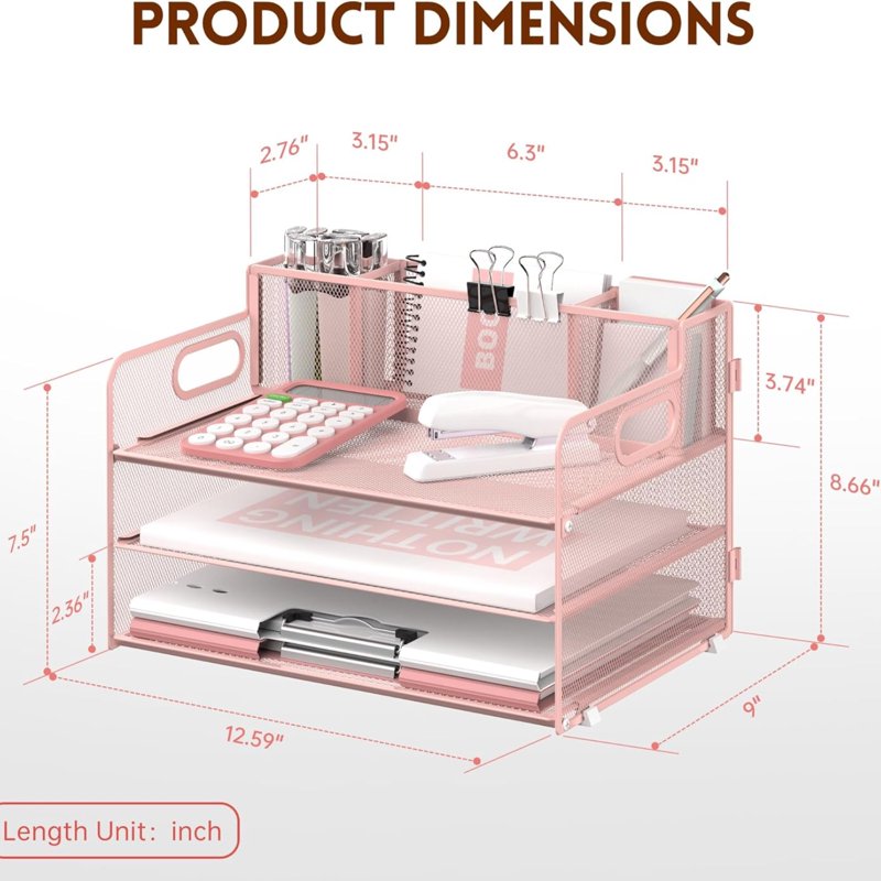 3 Tier Metal Mesh Desk Organizer with Pen Holders and Handles - Space Saving Paper Storage
