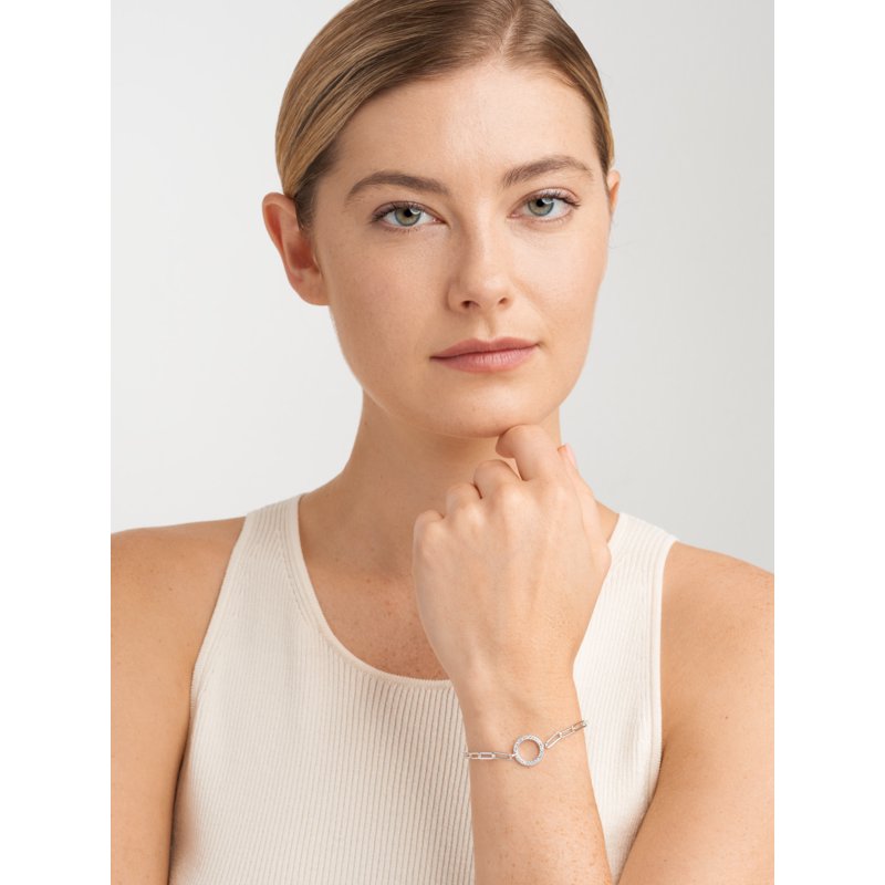 Sterling Silver CZ Circle Paperclip Bracelet - Adjustable 6.75" + 1.25" Extender