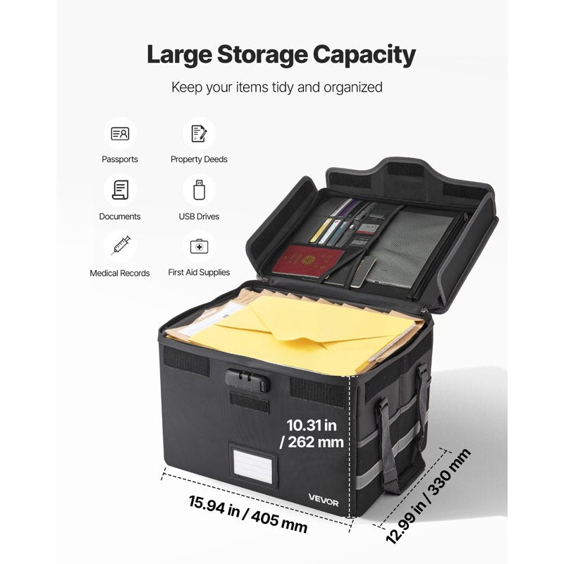 Fireproof Document Box 1832℉/1000℃, Waterproof Safe with Lock, Portable File Organizer