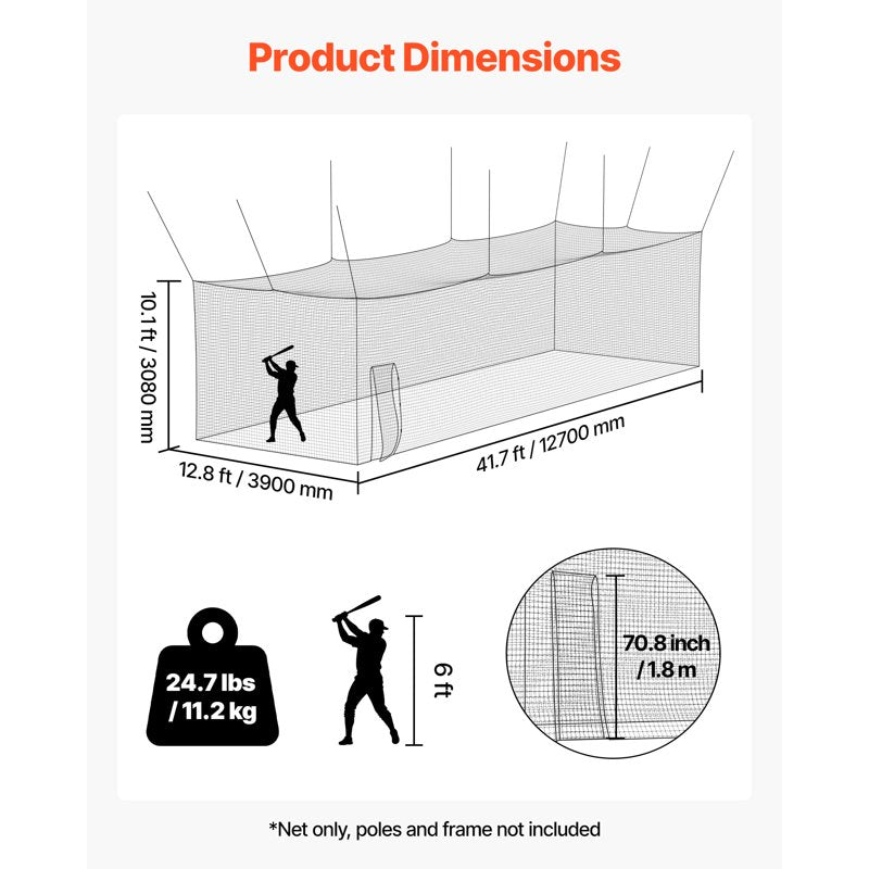 Portable Baseball Batting Cage Net 41.7x12.8ft for Indoor Outdoor Practice