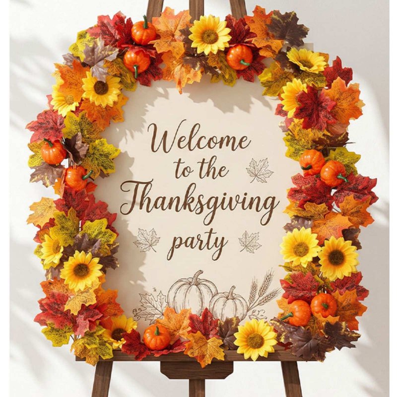 Autumn Garland with Maple Leaves, Pumpkins & Sunflowers for Thanksgiving Decor - 39 Inches Long