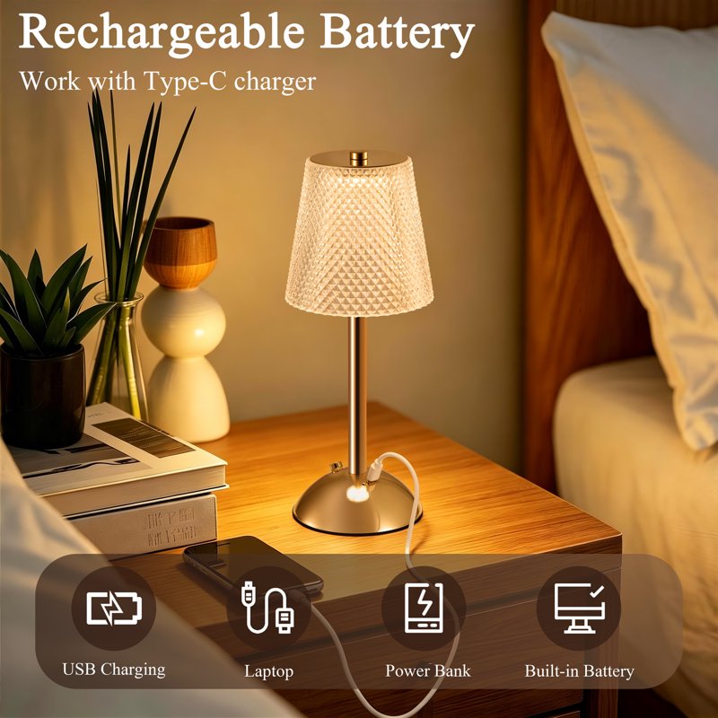 Rechargeable Cordless Crystal Table Lamp with Touch Control and 3 Color Modes