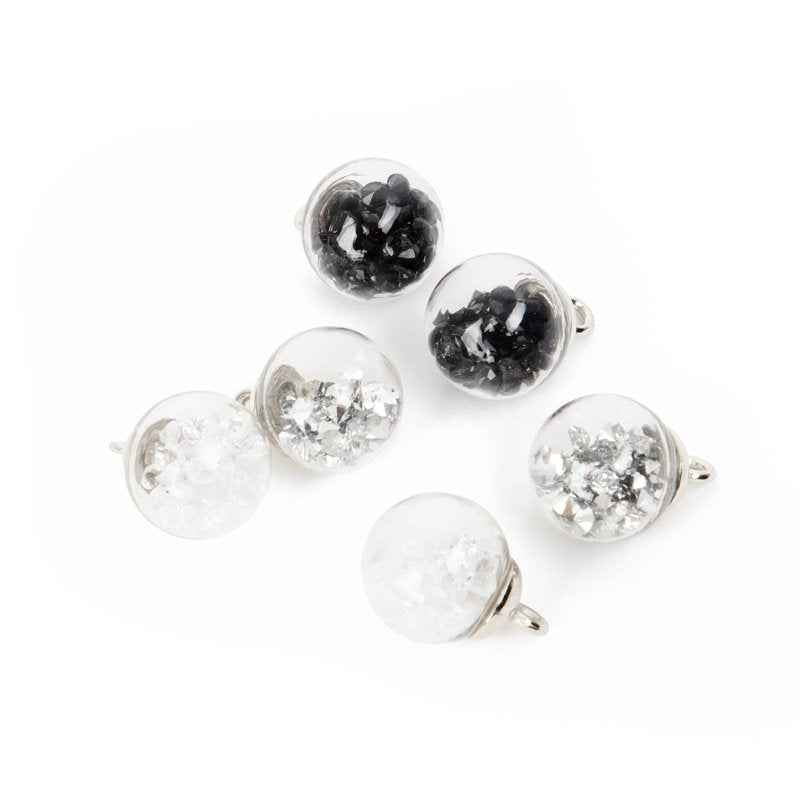 Glitter Globe Charms for Jewelry Making - Silver, Black & Clear 6-Piece Set