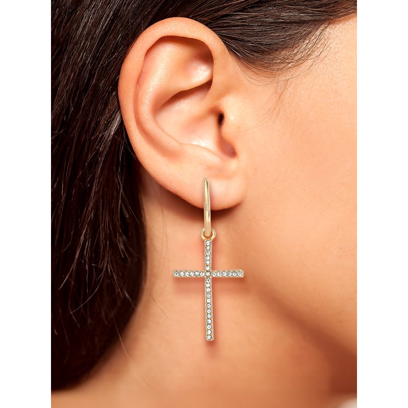 Women's Drop Hoop Earrings with Rhinestone Cross Pendant - Gold Tone