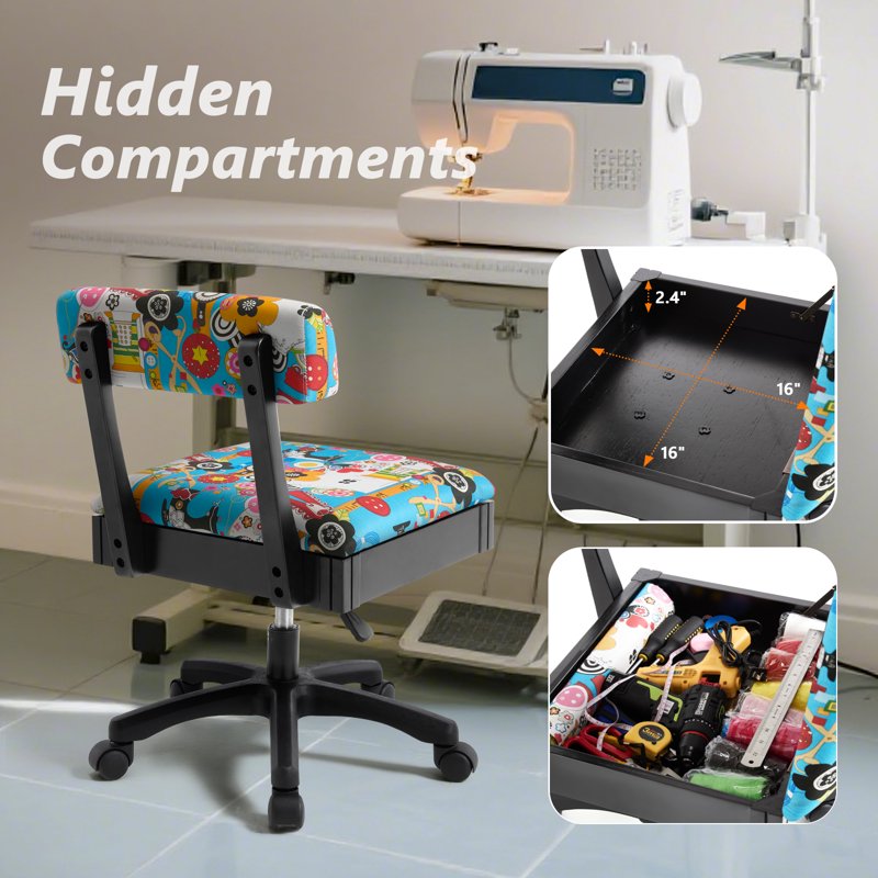 Hydraulic Armless Sewing Chair with Adjustable Height and Under Seat Storage - Blue