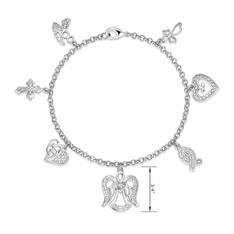Women's Diamond Charm Bracelet Set - Silver Plated Brass, 7.25 Inch
