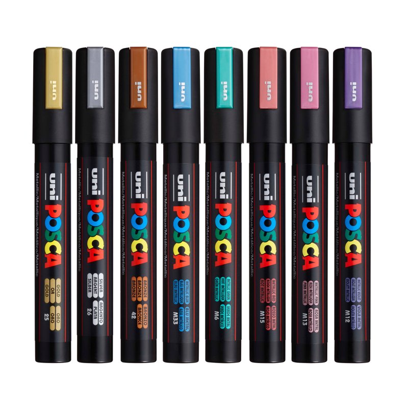 POSCA PC-5M Metallic Paint Markers Set - 8 Reversible 1.8-2.5mm Tips for Arts & Crafts