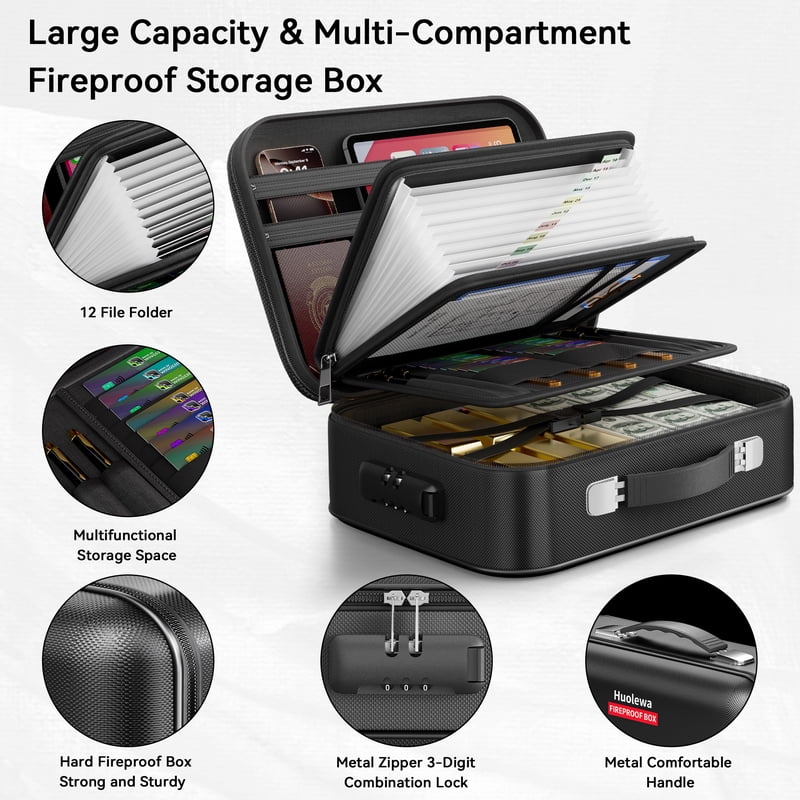 Fireproof Document Safe Box with Lock - Portable Water-Resistant Security Storage