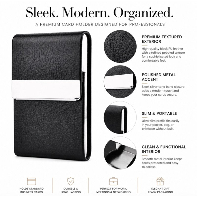 Slim PU Leather Business Card Holder Case with Magnetic Closure
