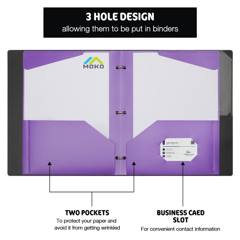 Multicolor 12-Pack Durable Plastic Pocket Folders with 3-Hole Punch, Letter Size