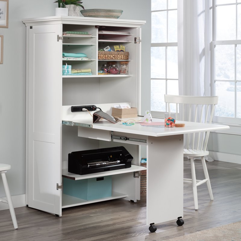 White Craft & Sewing Armoire with Drop Leaf Work Surface