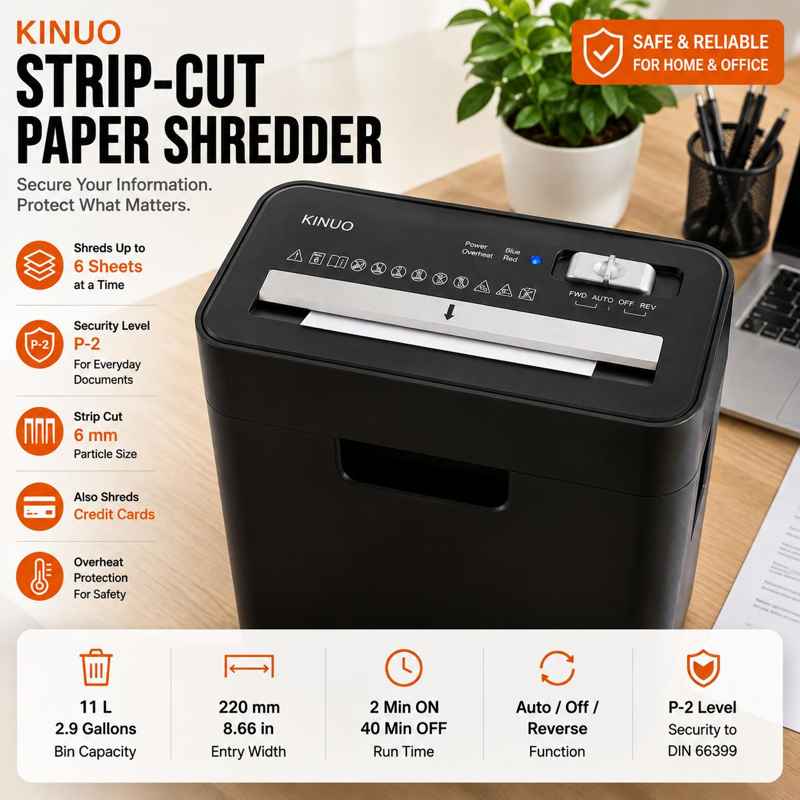 6-Sheet Paper Shredder with 2.9 Gallon Bin - Strip-Cut Office & Home Use