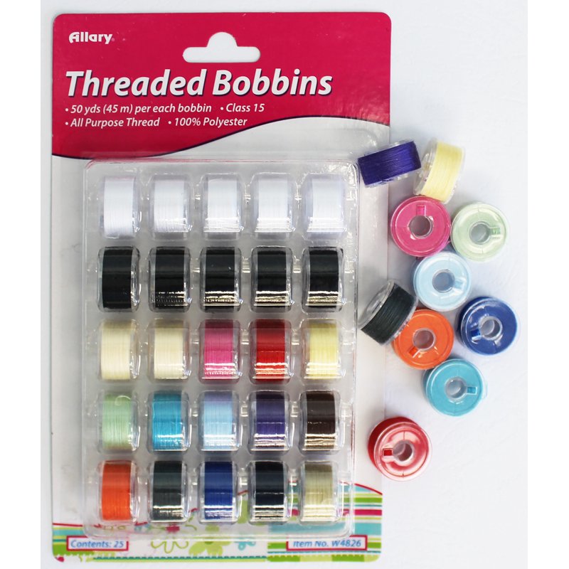 Allary Threaded Sewing Machine Bobbins Set - Assorted Polyester Thread, 50 Yards, 25 Pieces