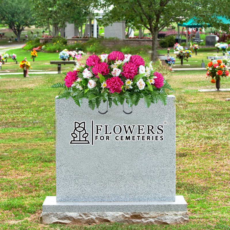 Artificial Cemetery Flower Saddle - UV Resistant Mum & Pink Rose for Headstone